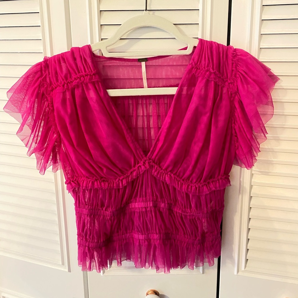 Free People Making Me Smile Hot Pink Ruffle Top Size S